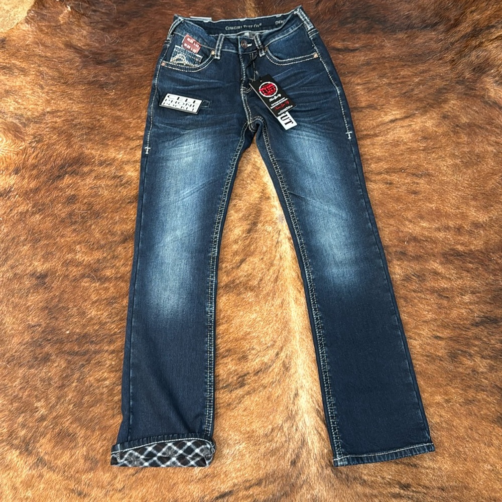 Cowgirl Tuff, DFMI dark wash jeans soft flannel lined.